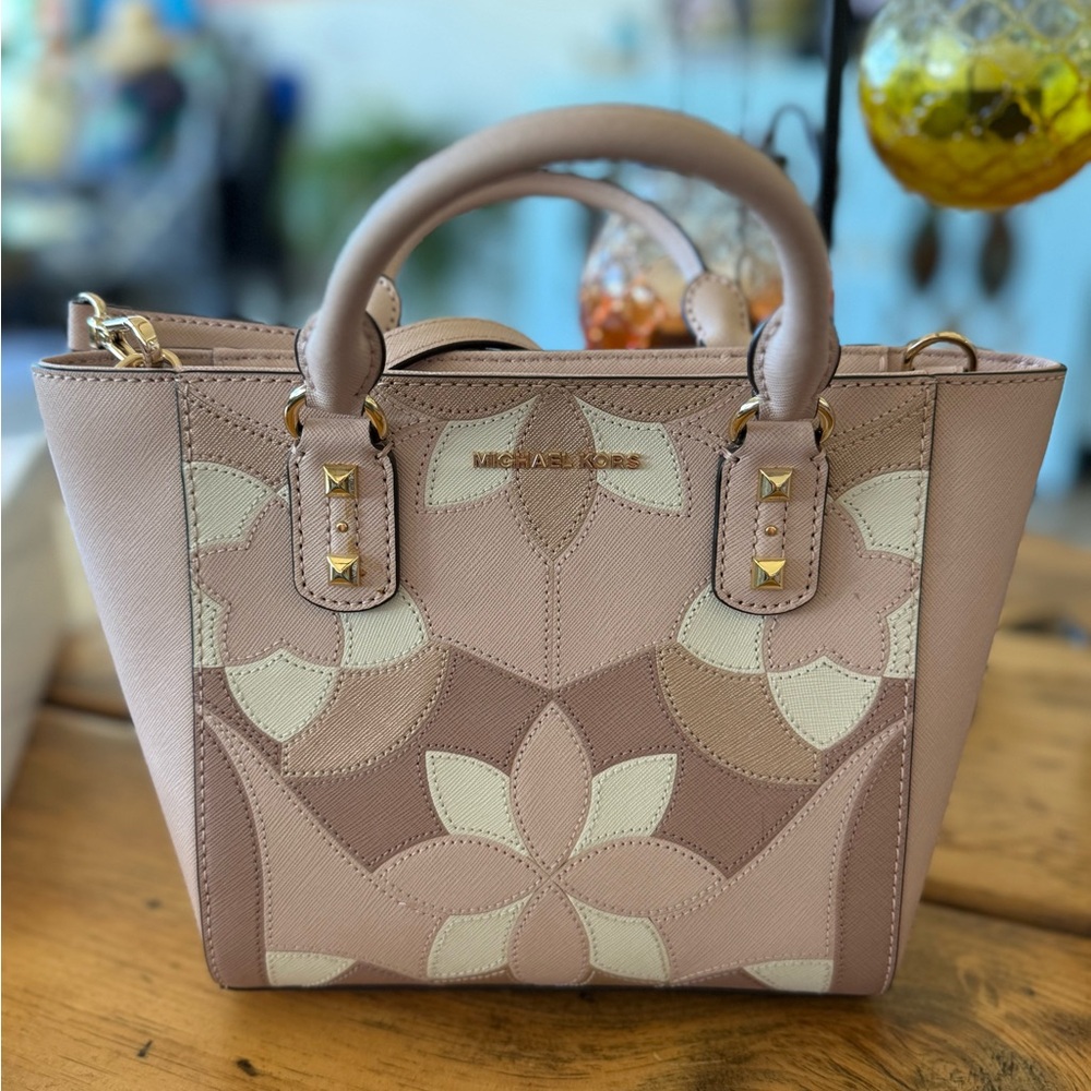 Michael Kors Sandrine Pink and Cream Floral Crossbody Bag